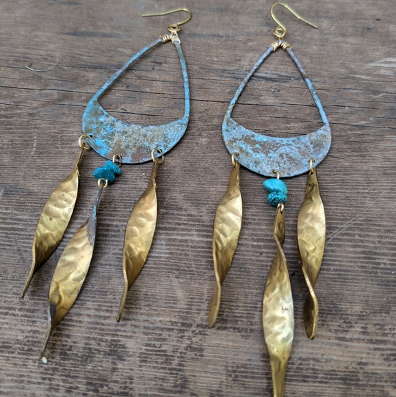 Rustic Large Statement Chandelier Turquoise Earrings - Picture 4 of 15